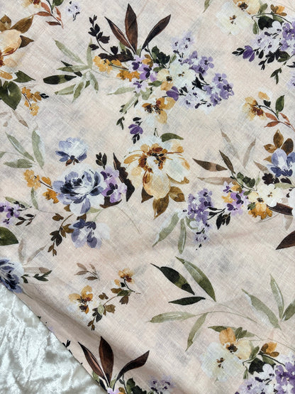 Muted Blues & Purple Shades of Water Colored Florals Printed Pure Lenin Fabric