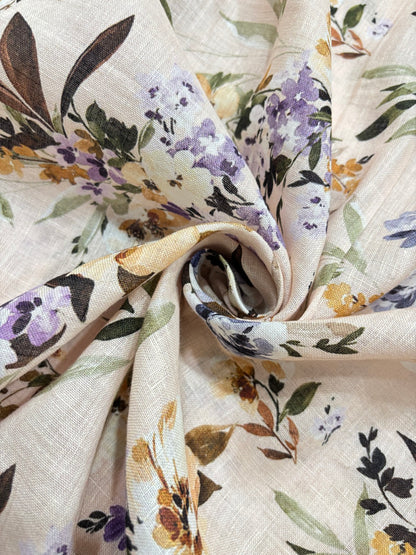 Muted Blues & Purple Shades of Water Colored Florals Printed Pure Lenin Fabric