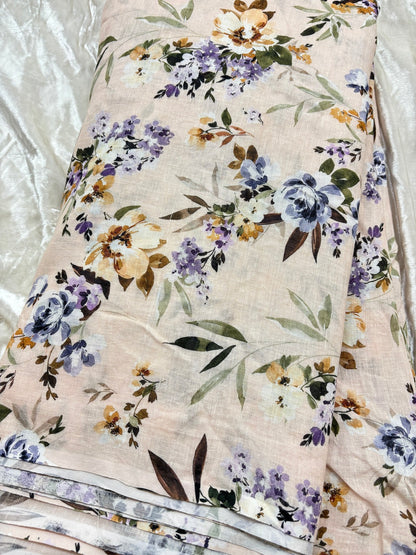 Muted Blues & Purple Shades of Water Colored Florals Printed Pure Lenin Fabric