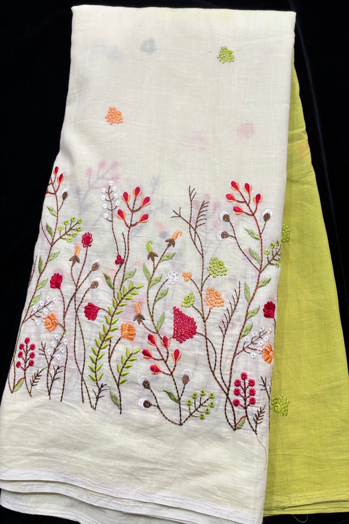 Wild Floral Garden Embroidered Pure Cotton Dual Shaded Fabric