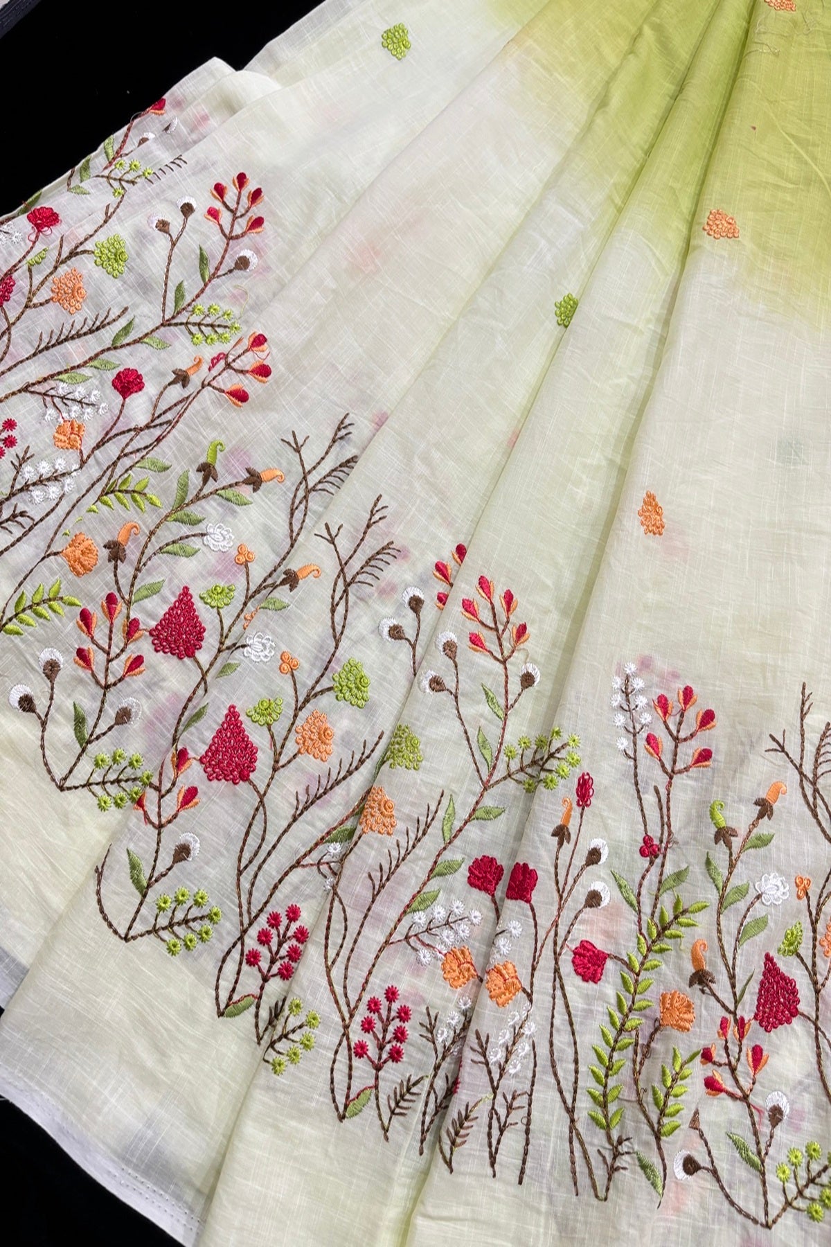 Wild Floral Garden Embroidered Pure Cotton Dual Shaded Fabric