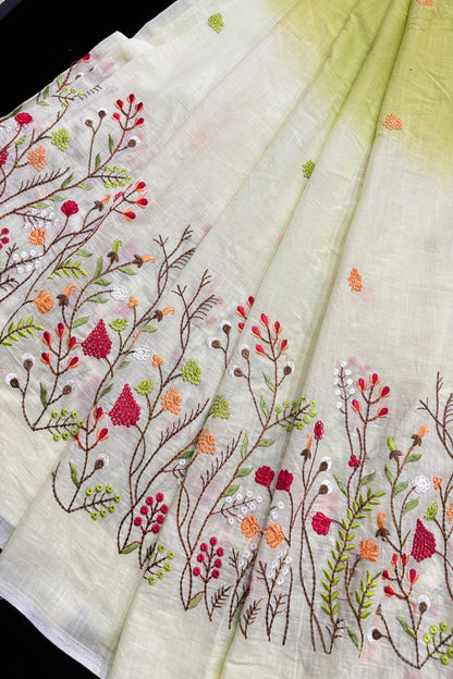 Wild Floral Garden Embroidered Pure Cotton Dual Shaded Fabric