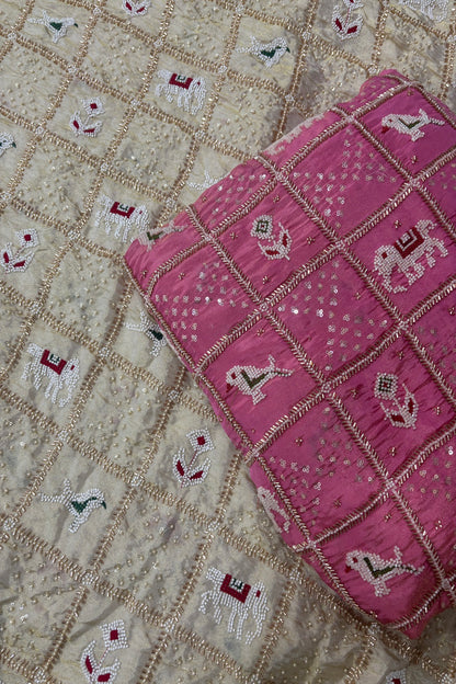 Patola Inspired Cut Beads & Pearls Embroidered Uppada TIssue Fabric