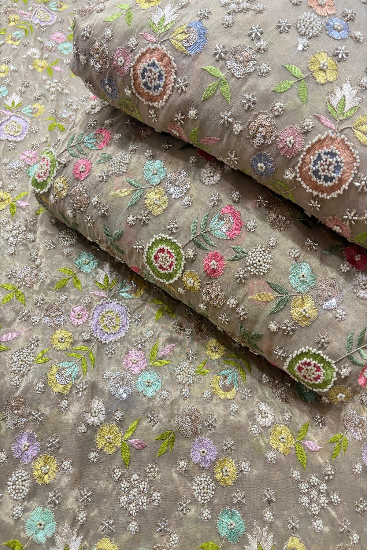 Multi Thread Floral Embroidery with Cutbeads & Pearls Highlighted Tissue Fabric