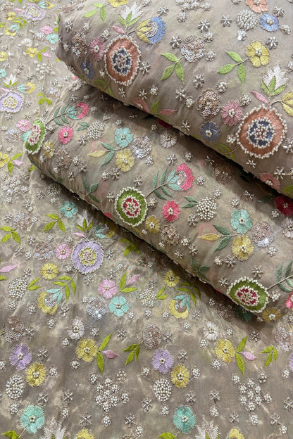 Multi Thread Floral Embroidery with Cutbeads & Pearls Highlighted Tissue Fabric