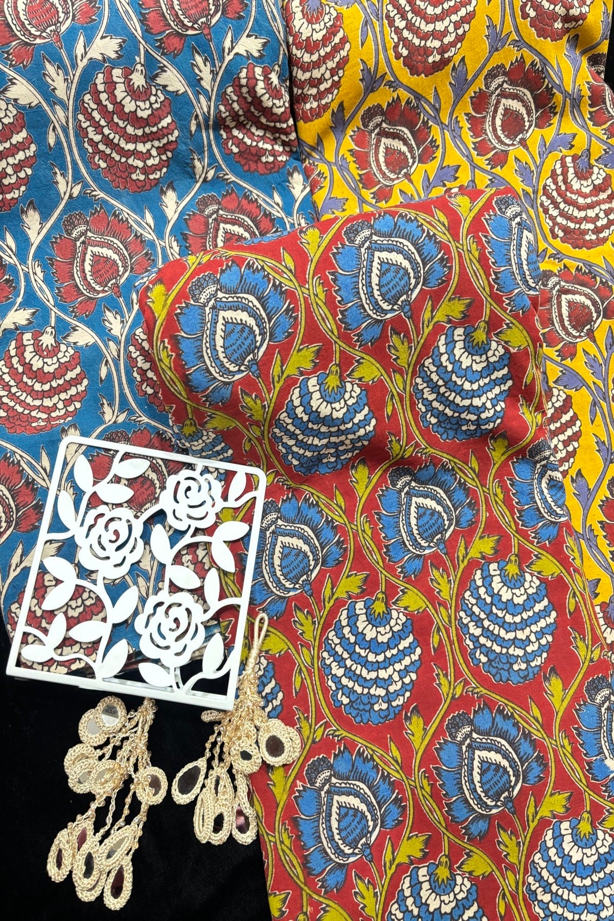 Pine Floral Vines Hand block Printed Pure Cotton Kalamkari Fabric