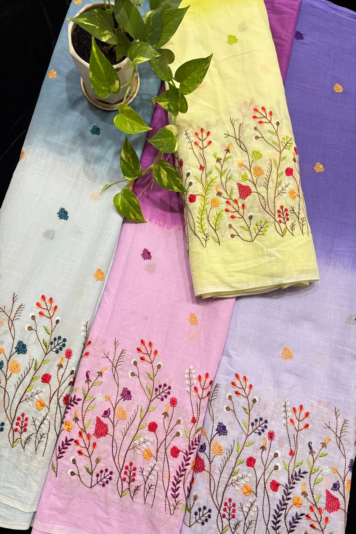 Wild Floral Garden Embroidered Pure Cotton Dual Shaded Fabric