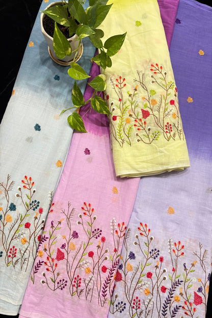 Wild Floral Garden Embroidered Pure Cotton Dual Shaded Fabric