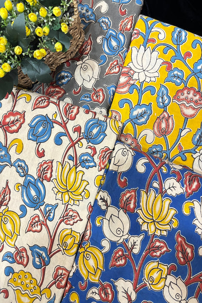 Lotus & Floral Inspired Kalamkari Printed Cotton Fabric