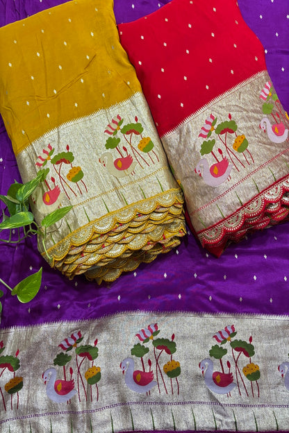 Russian Silk Woven With Paithani Border And Scallop Cutwork Lace Fabric.