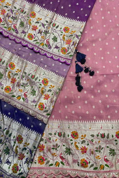 Traditional Peacock & Parrot Floral Pathani Inspired Uppada Tissue Fabric With Scalloped Border