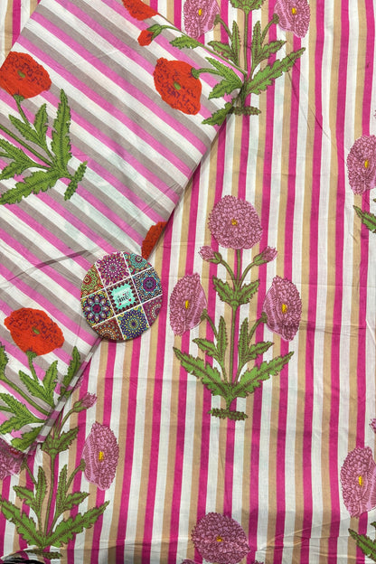 Poppy Floral Motifs With Vertical Stripe’s Printed Pure Cotton Fabric