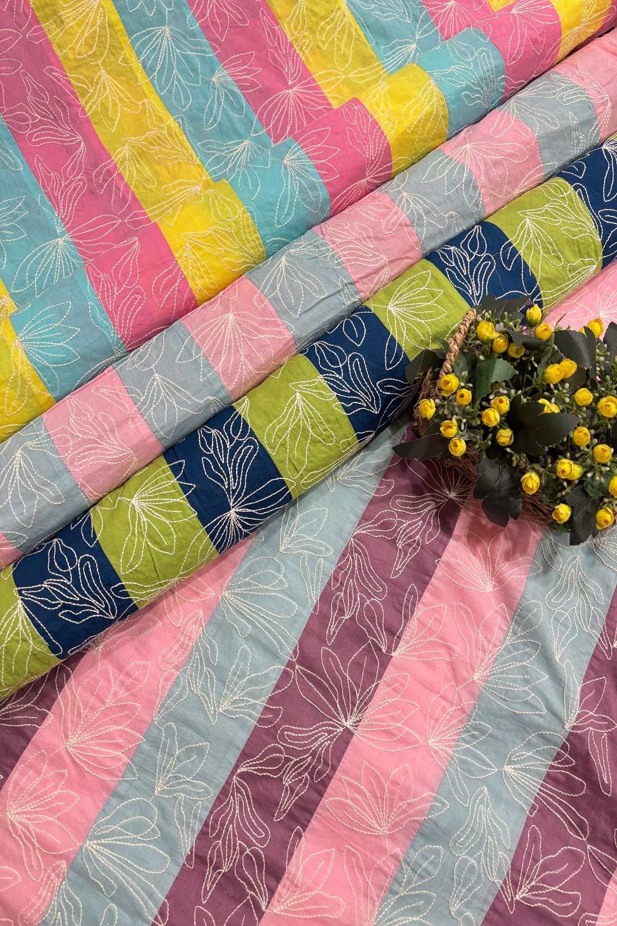 Lotus Motif Kantha Worked on Multi Striped Cotton Fabric