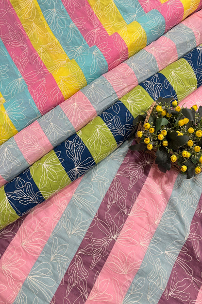 Lotus Motif Kantha Worked on Multi Striped Cotton Fabric
