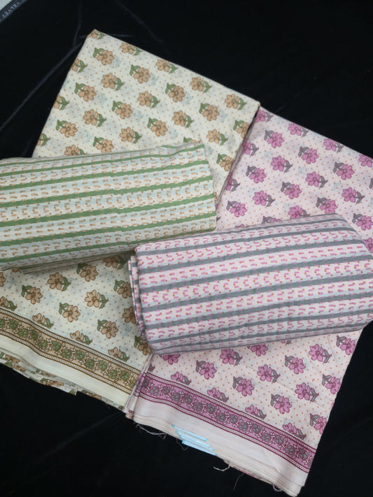 Peach Isolated Floral & Polka Motif Top With Horizontal Bars Printed Pant Cotton Fabric
