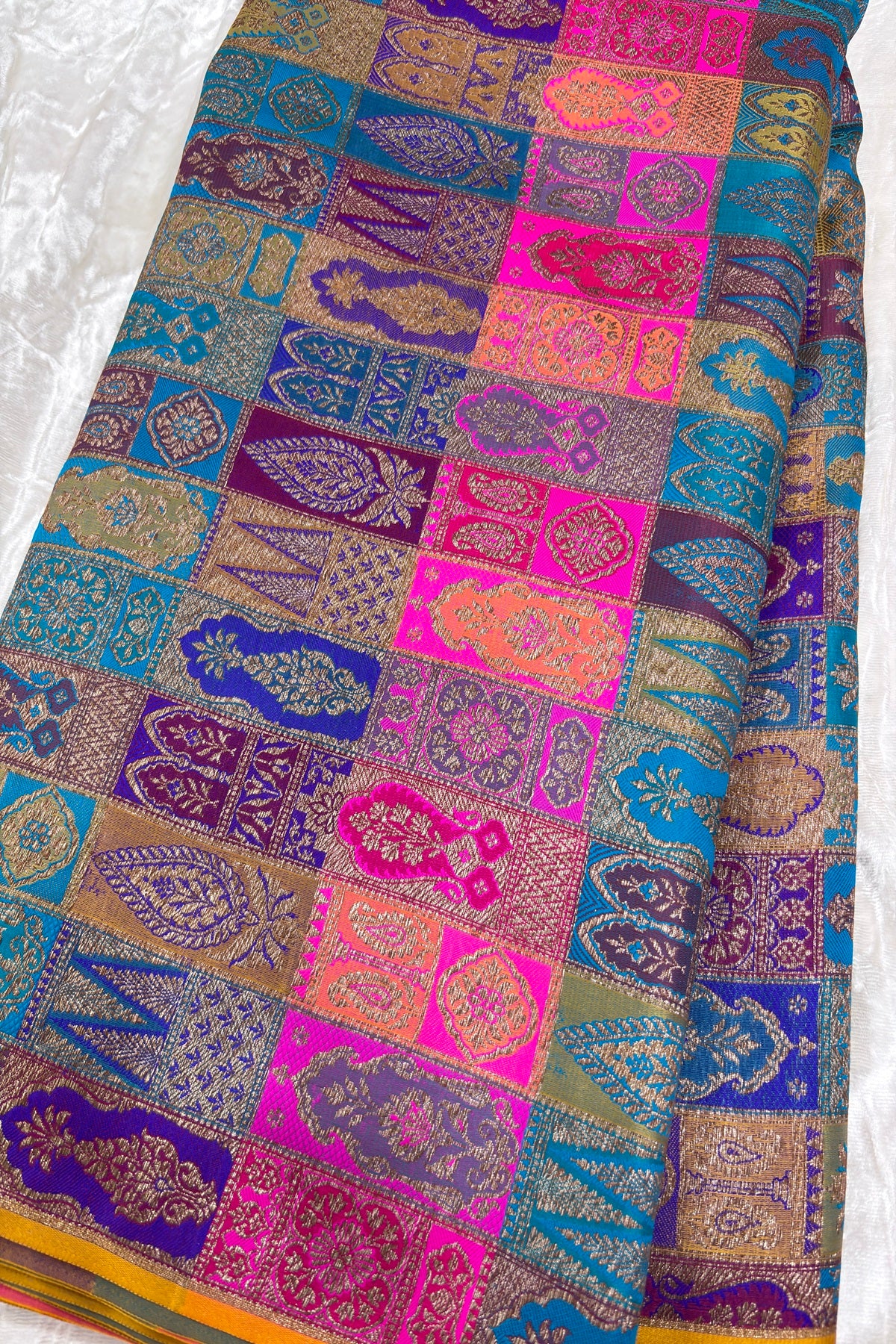 Multicolored & Multi Woven Motifs On Pure Banaras Katan Satin Silk Fabric