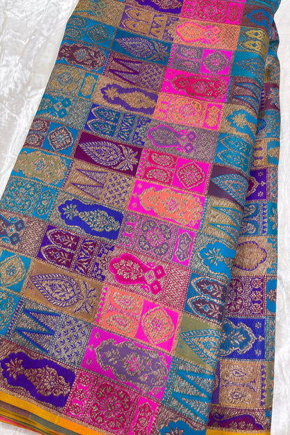 Multicolored & Multi Woven Motifs On Pure Banaras Katan Satin Silk Fabric