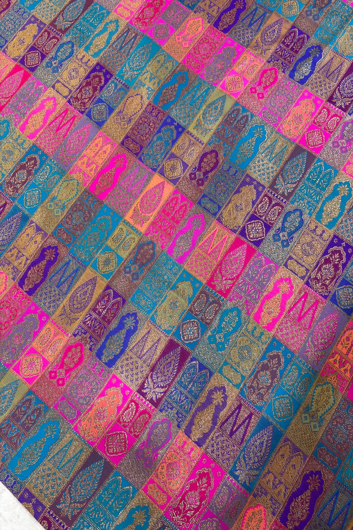 Multicolored & Multi Woven Motifs On Pure Banaras Katan Satin Silk Fabric