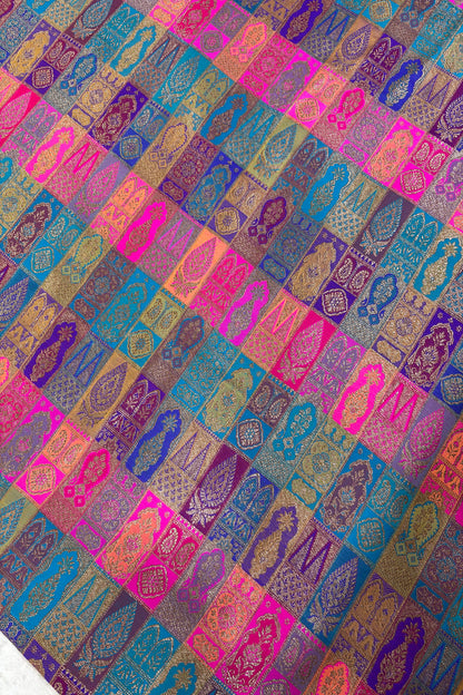 Multicolored & Multi Woven Motifs On Pure Banaras Katan Satin Silk Fabric