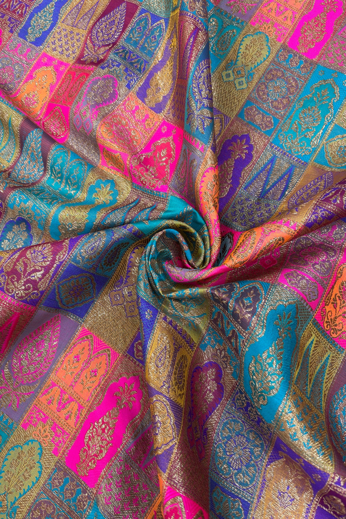 Multicolored & Multi Woven Motifs On Pure Banaras Katan Satin Silk Fabric