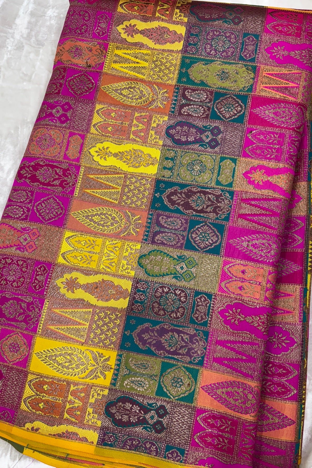 Multicolored & Multi Woven Motifs On Pure Banaras Katan Satin Silk Fabric