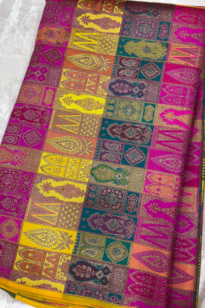 Multicolored & Multi Woven Motifs On Pure Banaras Katan Satin Silk Fabric