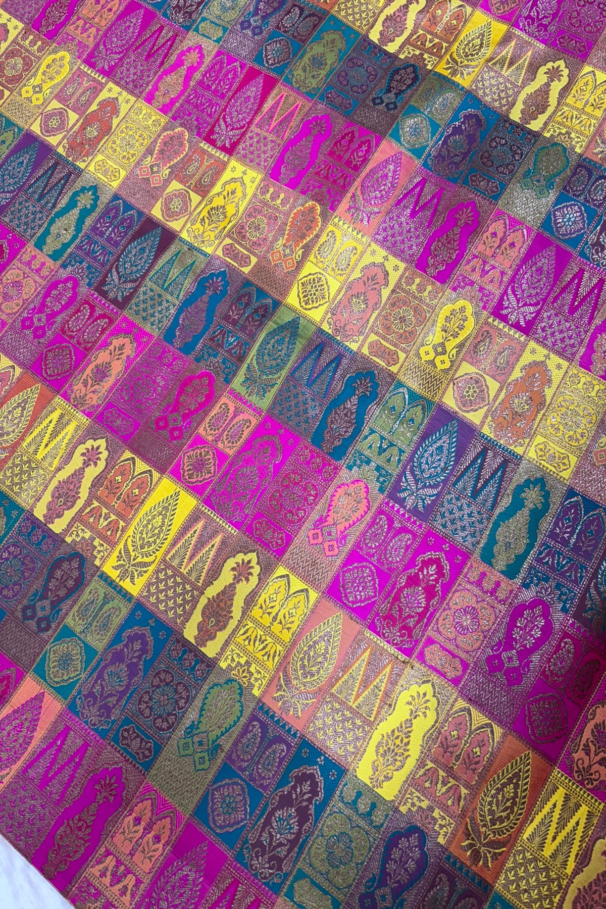 Multicolored & Multi Woven Motifs On Pure Banaras Katan Satin Silk Fabric