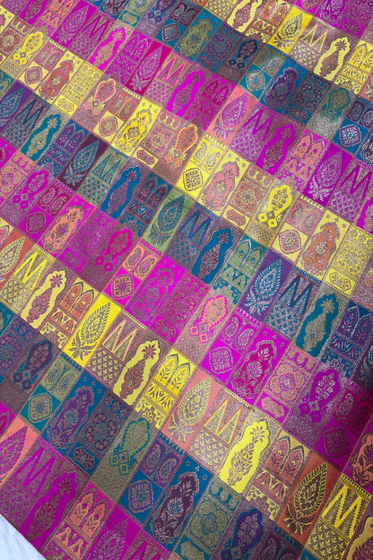 Multicolored & Multi Woven Motifs On Pure Banaras Katan Satin Silk Fabric