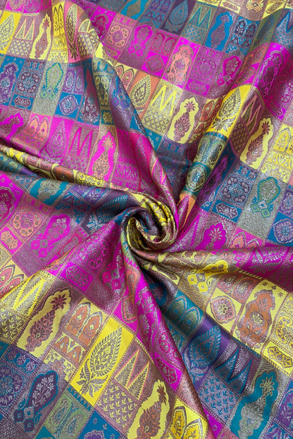 Multicolored & Multi Woven Motifs On Pure Banaras Katan Satin Silk Fabric