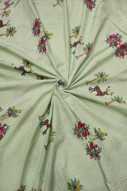 Self Horizontal Striped Cotton Fabric With Playful Deers,Plam Trees & Birds PrInted Border