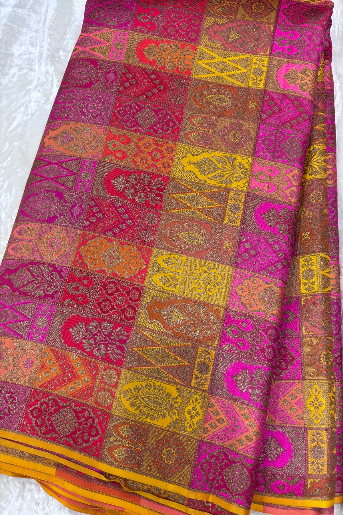 Multicolored & Multi Woven Motifs On Pure Banaras Katan Satin Silk Fabric