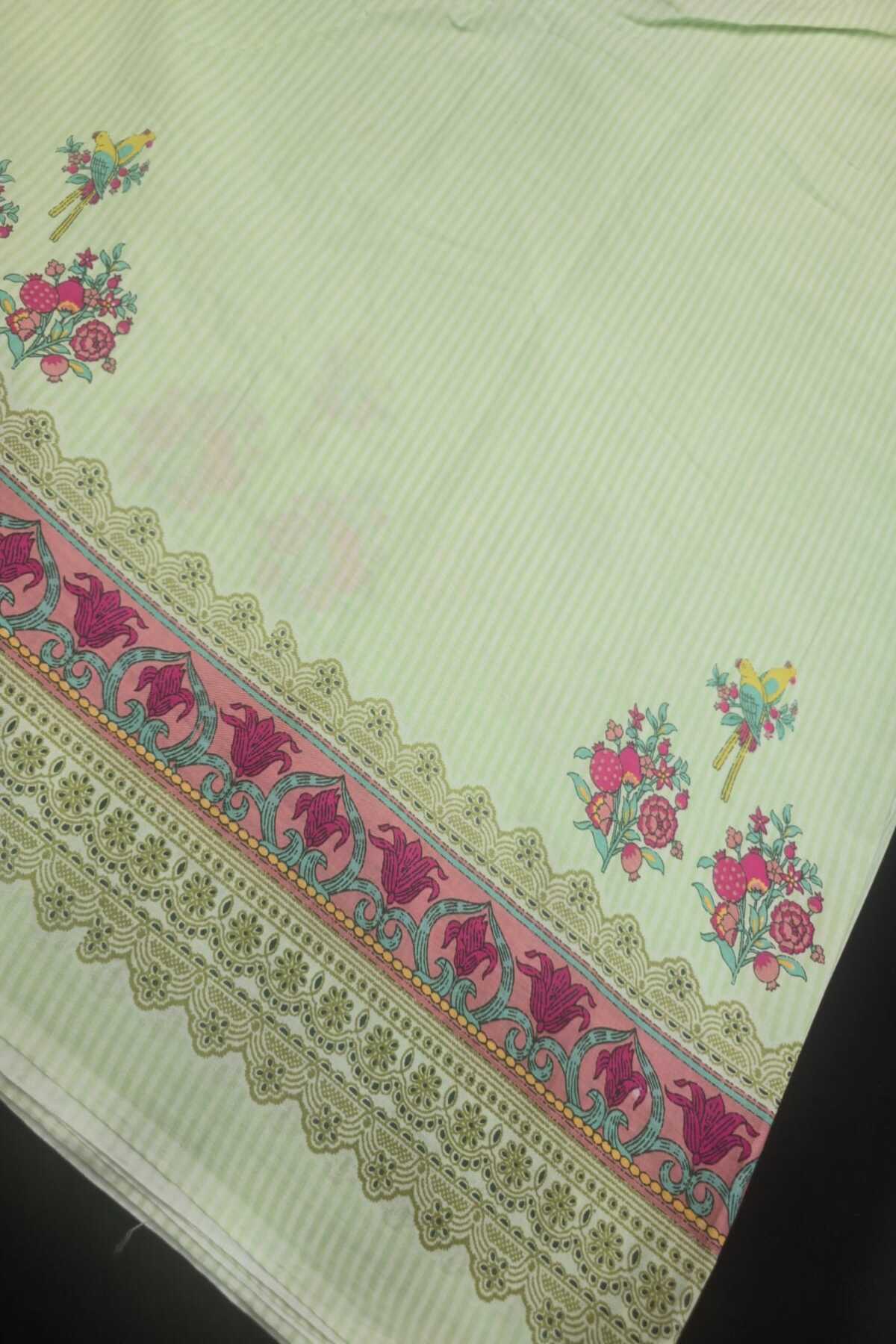 Self Horizontal Striped Cotton Fabric With Playful Deers,Plam Trees & Birds PrInted Border