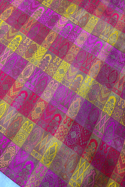 Multicolored & Multi Woven Motifs On Pure Banaras Katan Satin Silk Fabric