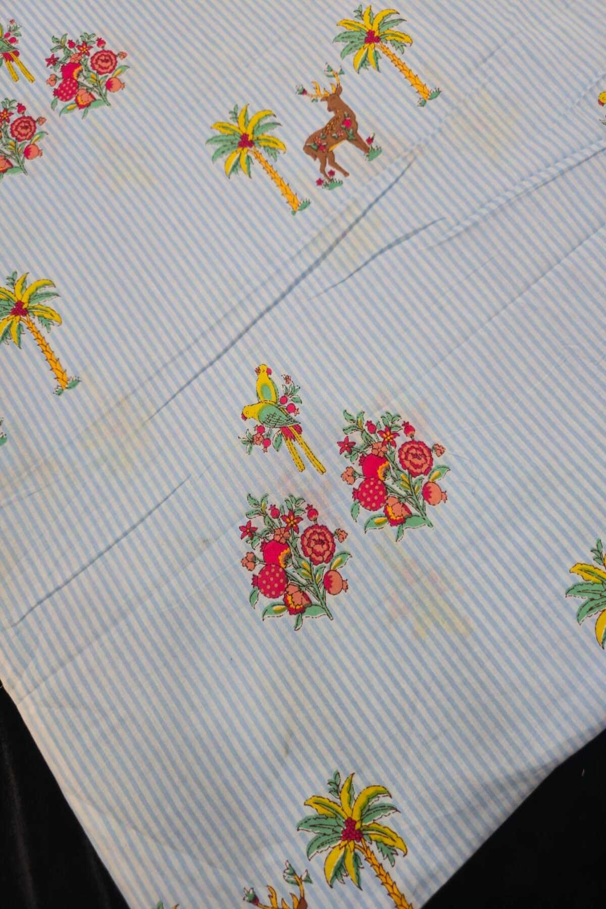 Self Horizontal Striped Cotton Fabric With Playful Deers,Plam Trees & Birds PrInted Border