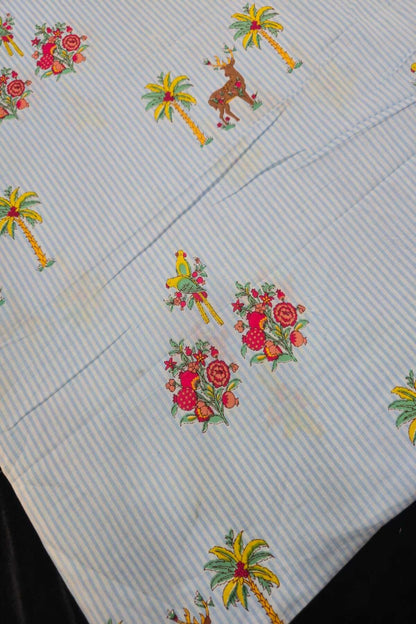 Self Horizontal Striped Cotton Fabric With Playful Deers,Plam Trees & Birds PrInted Border