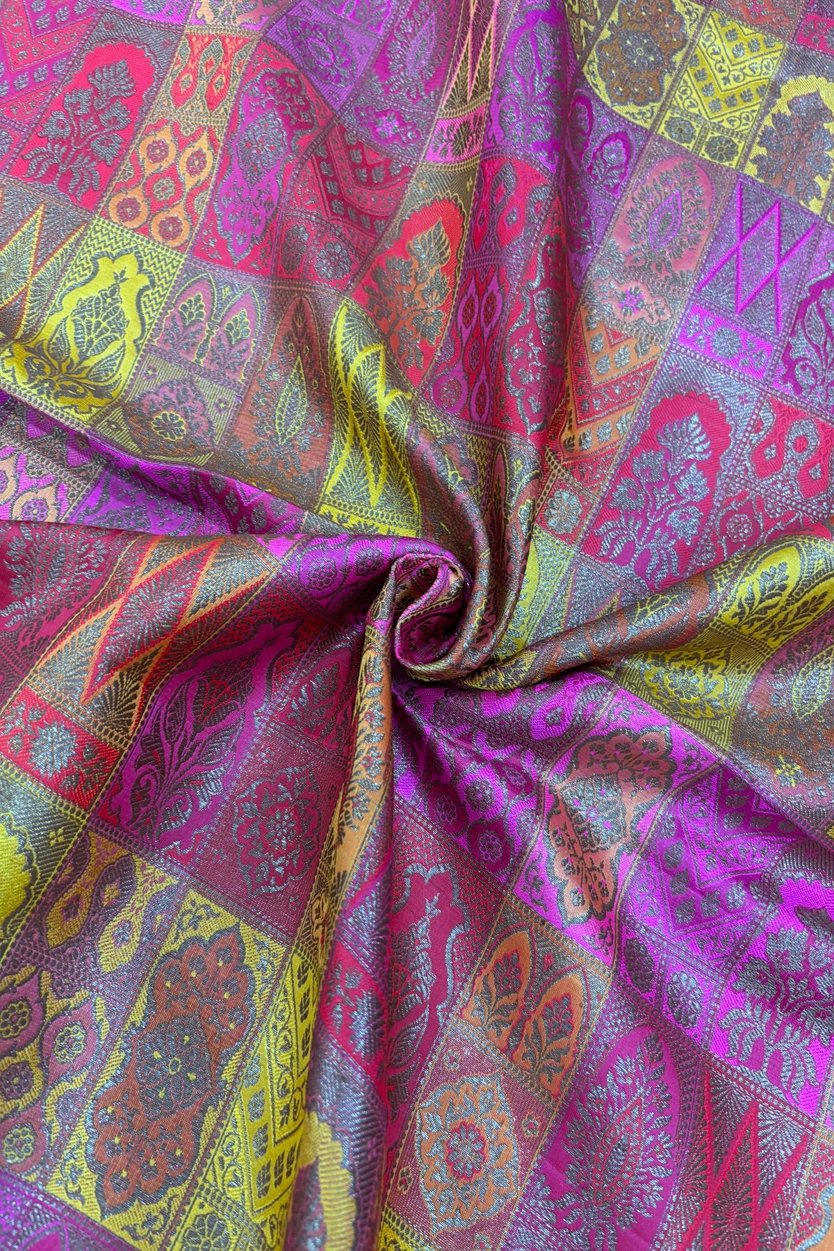 Multicolored & Multi Woven Motifs On Pure Banaras Katan Satin Silk Fabric