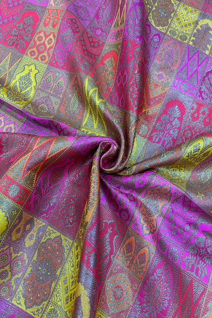Multicolored & Multi Woven Motifs On Pure Banaras Katan Satin Silk Fabric