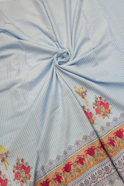 Self Horizontal Striped Cotton Fabric With Playful Deers,Plam Trees & Birds PrInted Border