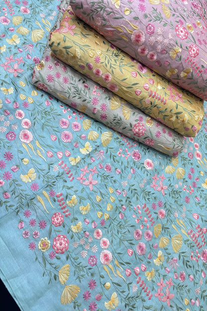 Flora & Fauna Theme Multithread Embroidered Pure Tussar Fabric