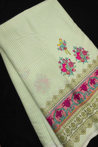 Self Horizontal Striped Cotton Fabric With Playful Deers,Plam Trees & Birds PrInted Border