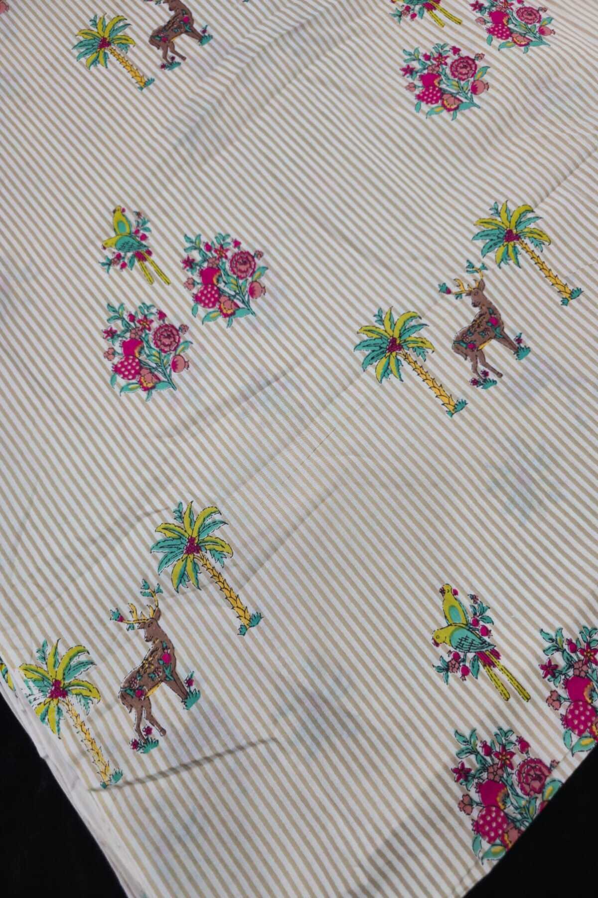 Self Horizontal Striped Cotton Fabric With Playful Deers,Plam Trees & Birds PrInted Border