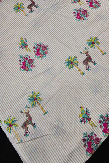 Self Horizontal Striped Cotton Fabric With Playful Deers,Plam Trees & Birds PrInted Border