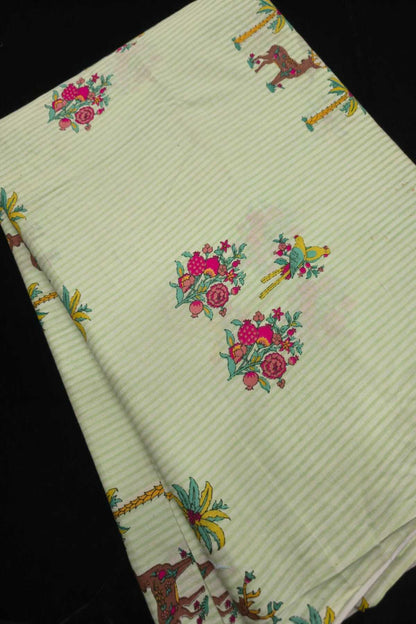 Self Horizontal Striped Cotton Fabric With Playful Deers,Plam Trees & Birds PrInted Border