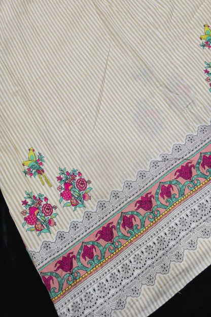 Self Horizontal Striped Cotton Fabric With Playful Deers,Plam Trees & Birds PrInted Border