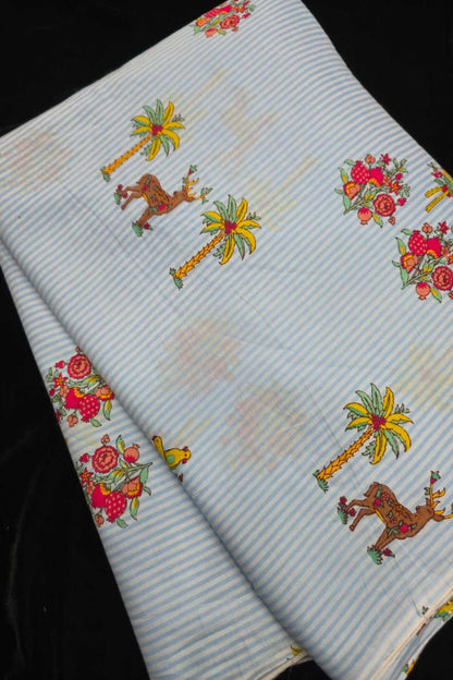 Self Horizontal Striped Cotton Fabric With Playful Deers,Plam Trees & Birds PrInted Border