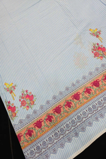 Self Horizontal Striped Cotton Fabric With Playful Deers,Plam Trees & Birds PrInted Border