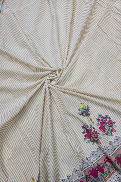 Self Horizontal Striped Cotton Fabric With Playful Deers,Plam Trees & Birds PrInted Border