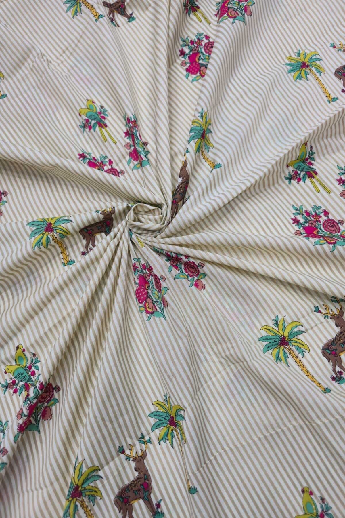 Self Horizontal Striped Cotton Fabric With Playful Deers,Plam Trees & Birds PrInted Border