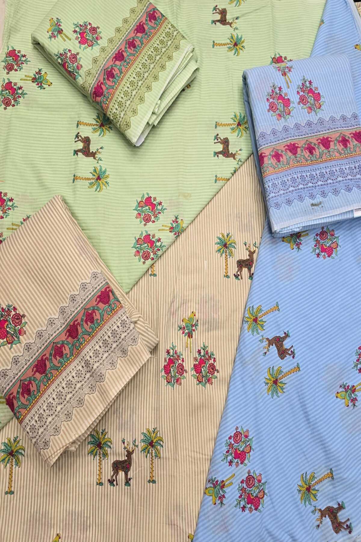 Self Horizontal Striped Cotton Fabric With Playful Deers,Plam Trees & Birds PrInted Border