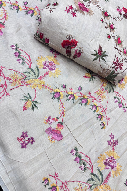 Red & Peach Wild Floral Creeper Embroidered Pure Munga Tussar Fabric